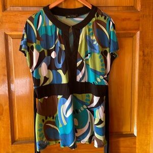 Retro Patterned Tunic w/Attached Black Waist Tie Size 18